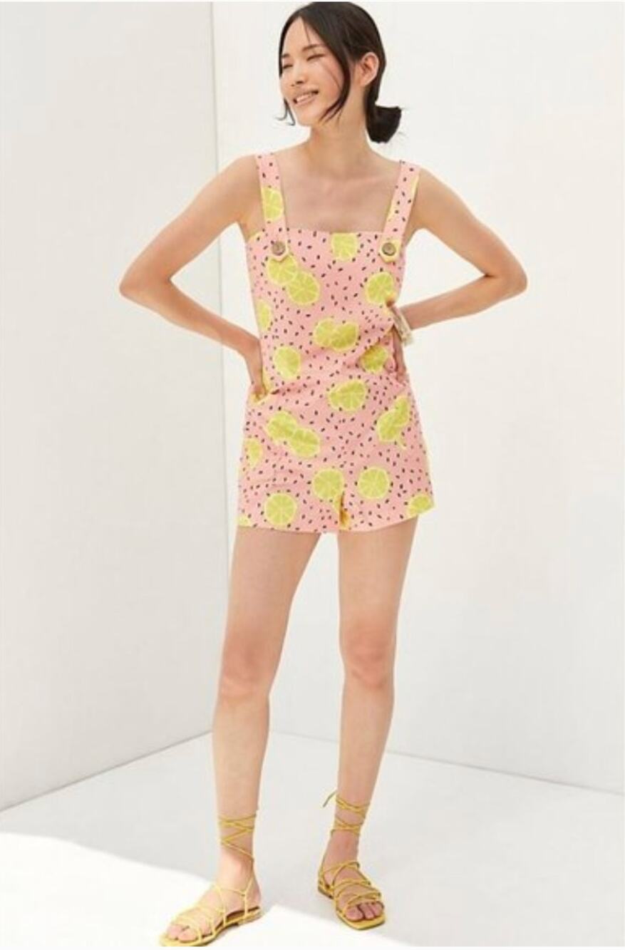 Hutch Anthropologie PInk Yellow Watermelon Lemon Print Short Overalls Romper XS